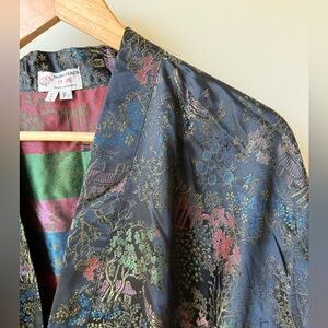 DOUBLE PEACH Vintage Silk Kimono Robe Belted Asian Jacquard Black Floral XXL